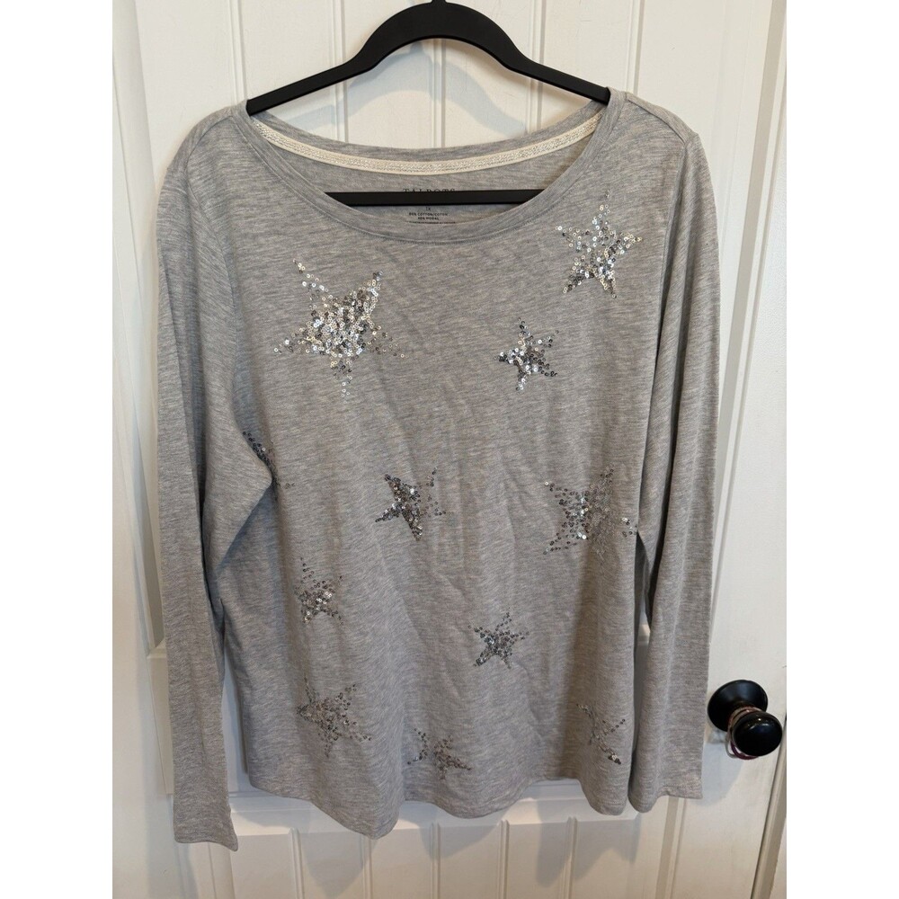 Talbots Plus 1X Gray Sequin Star Top Long Sleeve Cotton Modal Boat Neck